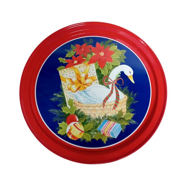 🎄VTG Metal Christmas Tray 🦢 12" Swan Poinsettia Retro Holiday Decor - Picture 5 of 10